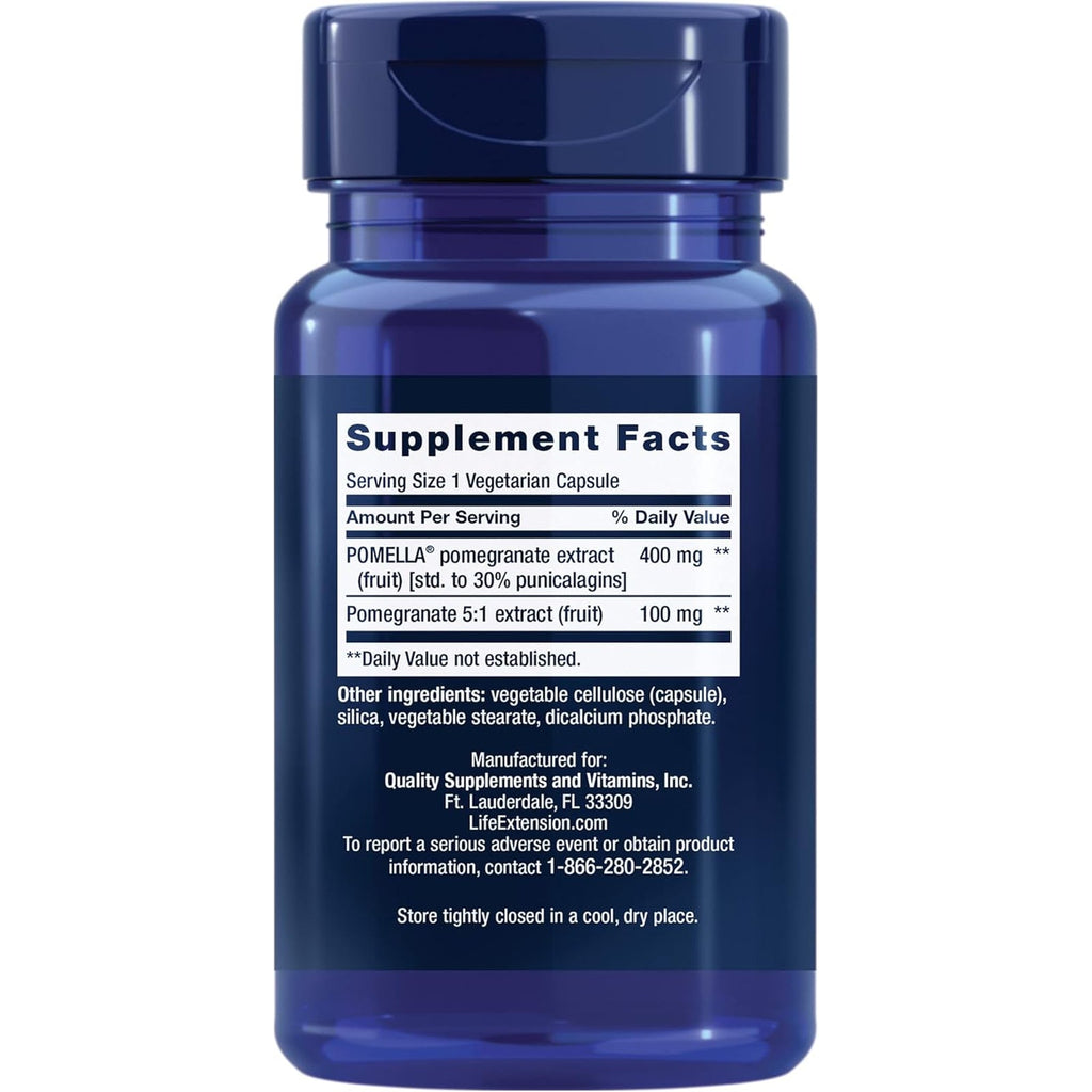 Life Extension Pomegranate Fruit Extract, 500 Mg, Antioxidant Polyphenols for Cardiovascular Health, Superfood, Gluten Free, Non-Gmo, Vegetarian, 30 Capsules