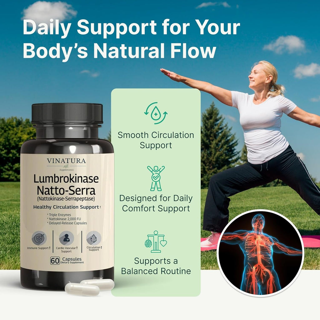 VINATURA Lumbrokinase Serrapeptase Nattokinase - Nattokinase 2000 FU, Lumbrokinase Enzymes Supplement for Blood Circulation Support - 60 Capsules