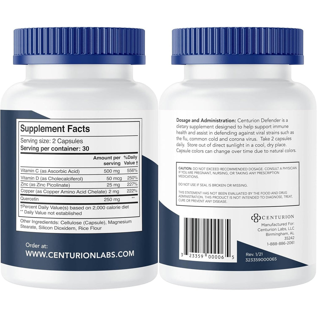 Centurion Labs Defender Immunity Boost, 5-In-1 Powerful Blend of Quercetin, Zinc, Vitamin D, Vitamin C, Copper to Help Support Overall Health, 60 Caps