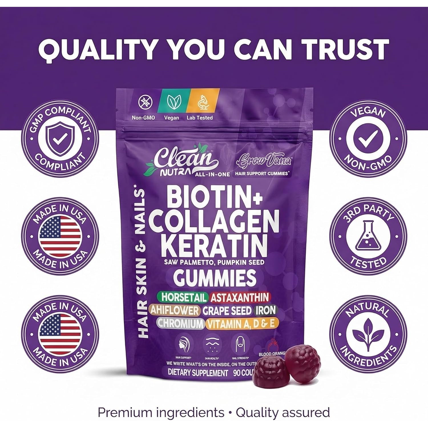 Growvana Hair Growth Gummies for Women Biotin Collagen Keratin Saw Palmetto Horsetail Astaxanthin Iron Zinc Pantothenic Acid Vitamin a D E Pumpkin Seed Ahiflower MSM Supplement by Clean Nutra 90 Count