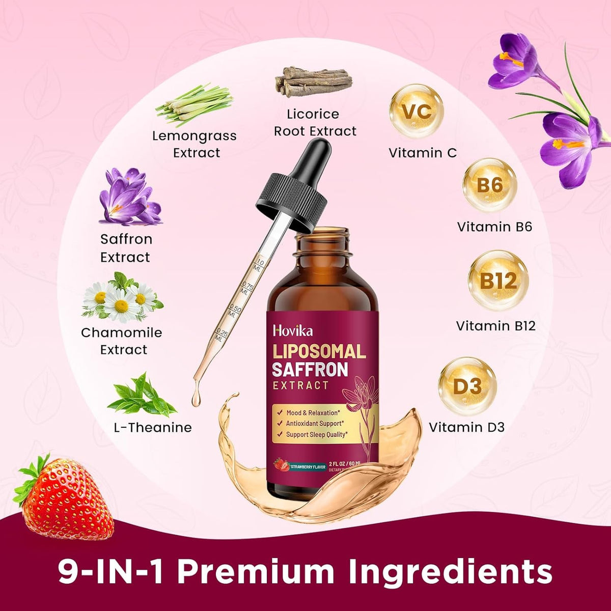 2 Pack Liposomal Saffron Supplements - 88.5Mg Saffron Extract Liquid Drops with L-Theanine, Chamomile, Vitamin C, B6, B12 & D3 for Antioxidant, Immune, Mood, Energy, Focus & Sleep - Strawberry Flavor