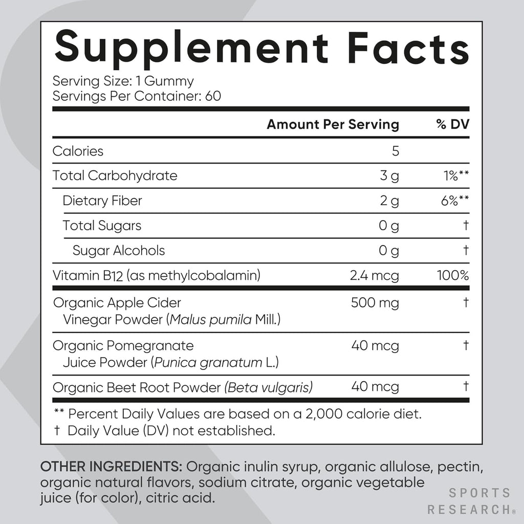 Sports Research® Organic Apple Cider Vinegar Gummies - for Diet Cleanses & Digestion | 500Mg | Non-Gmo Tested, Certified Vegan, Gluten Free ACV - 60 Gummies for Adults, 1 Month Supply