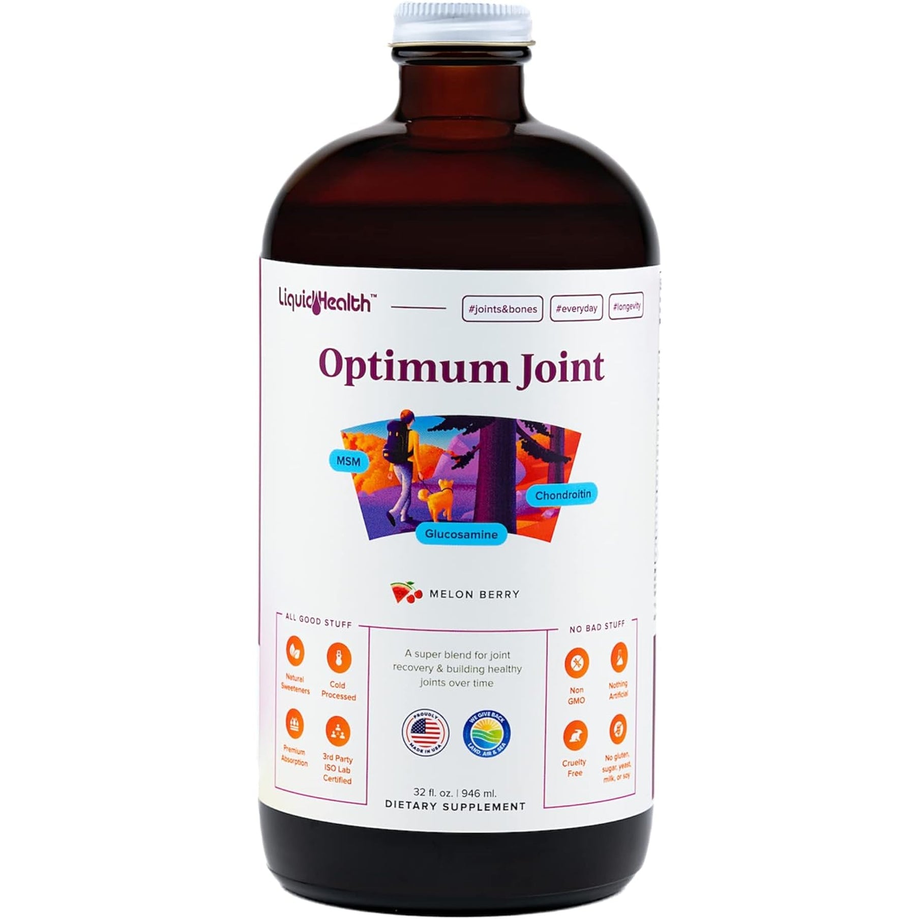 LIQUIDHEALTH Optimum Joint Support Supplement with Glucosamine, Chondroitin, MSM, Hyaluronic Acid - Triple Strength Liquid Vitamins, Gluten-Free, Dairy-Free, Soy-Free Joint Juice, Made in USA (32 Oz)
