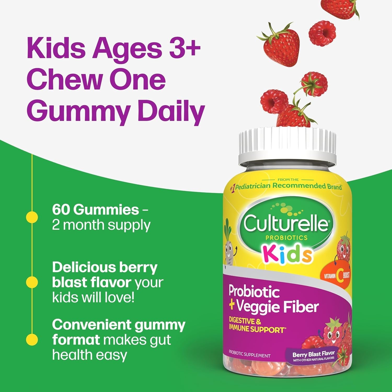 Culturelle Daily Probiotic for Kids + Veggie Fiber Gummies (Ages 3+) - 60 Count - Digestive Health & Immune Support – Berry Flavor with a Vitamin C Boost