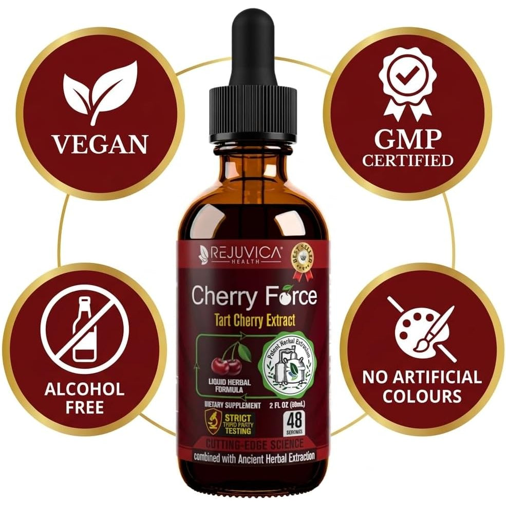 Rejuvica Health Cherry Force Montmorency Tart Cherry Liquid Drops 2 Fl Oz | Joint & Uric Acid Support | Helps with Inflammation, Sleep & Recovery | High Absorption Liquid Extract | Vegan Supplement