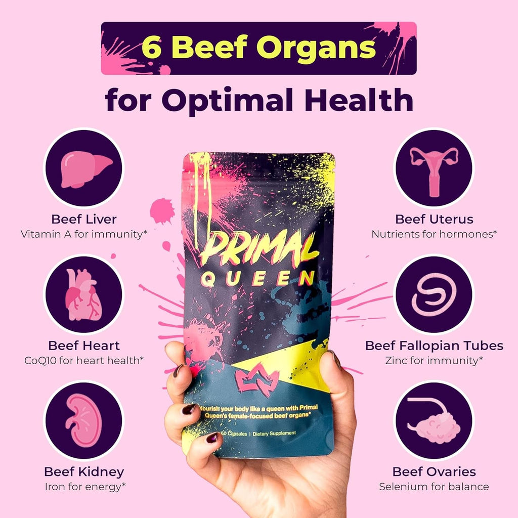Primal Queen Female-Optimized Beef Organ Superfood Supplement (Beef Liver, Kidney, Heart, & 3 More) - 100% Grass Fed, Pasture Raised - 3Rd Party & Clinically Tested