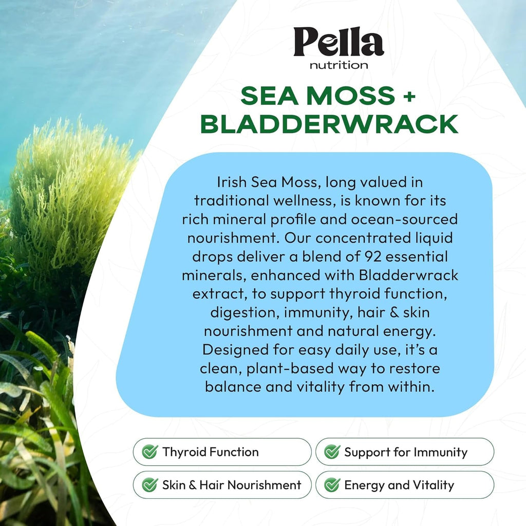 Pella Nutrition Sea Moss Drops with Bladderwrack – 4X Faster Absorption than Irish Sea Moss Gel Superfood, Gummies, and Capsules – Digestive & Immune Support Supplement (Strawberry Lime, 60Ml)