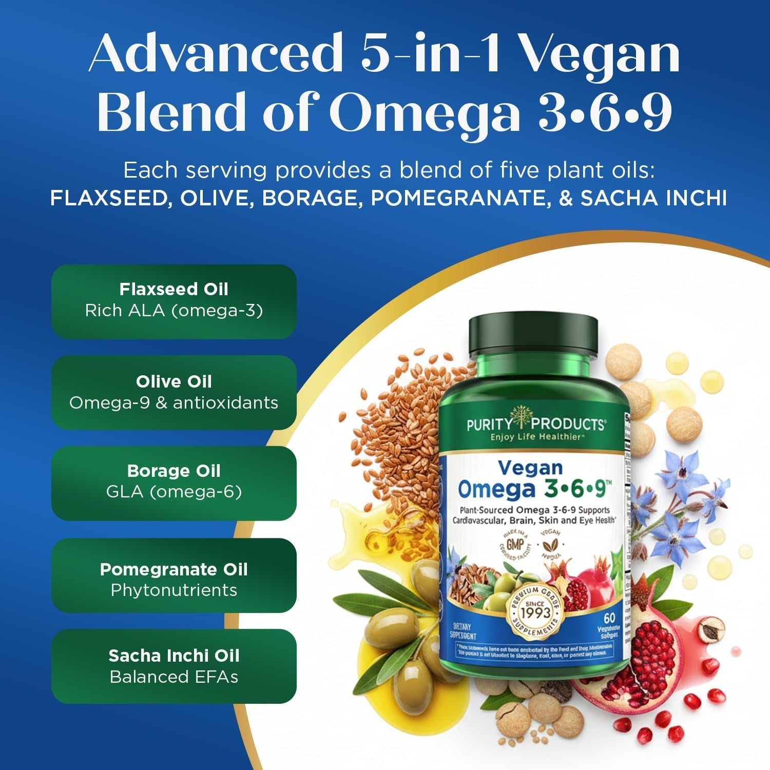 Purity Products Omega 3-6-9 Vegan and Vegetarian Formula - “5 in 1” Essential Fatty Acid Complex - Scientifically Formulated Plant-Based Omega 3 6 9 Essential Fatty Acids (EFA) - from (60)