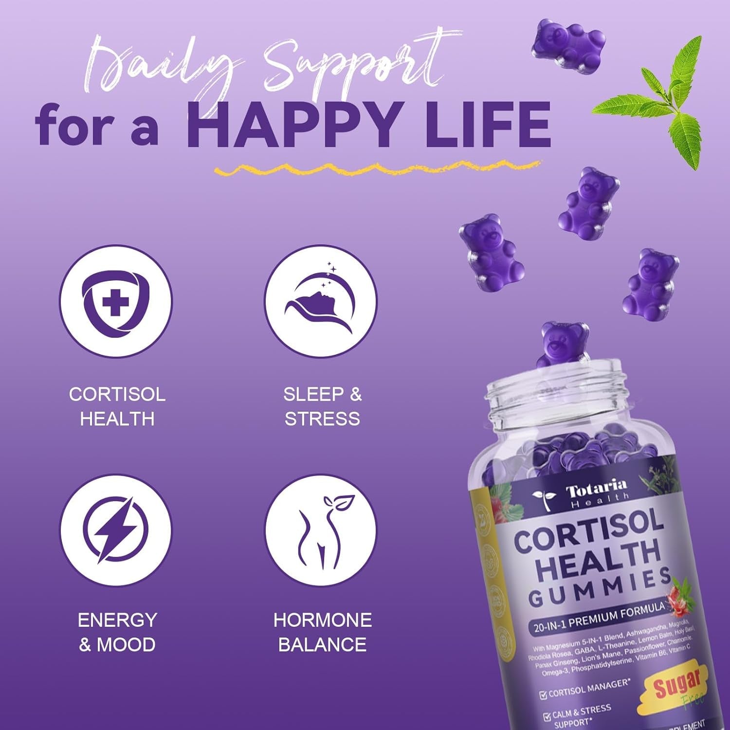 Cortisol Supplements for Women & Men 20-In-1 Cortisol Gummies with Ashwagandha Rhodiola Rosea Magnesium Phosphatidylserine Calm Focus Mood Support Healthy Cortisol Levels 30 Day Supply