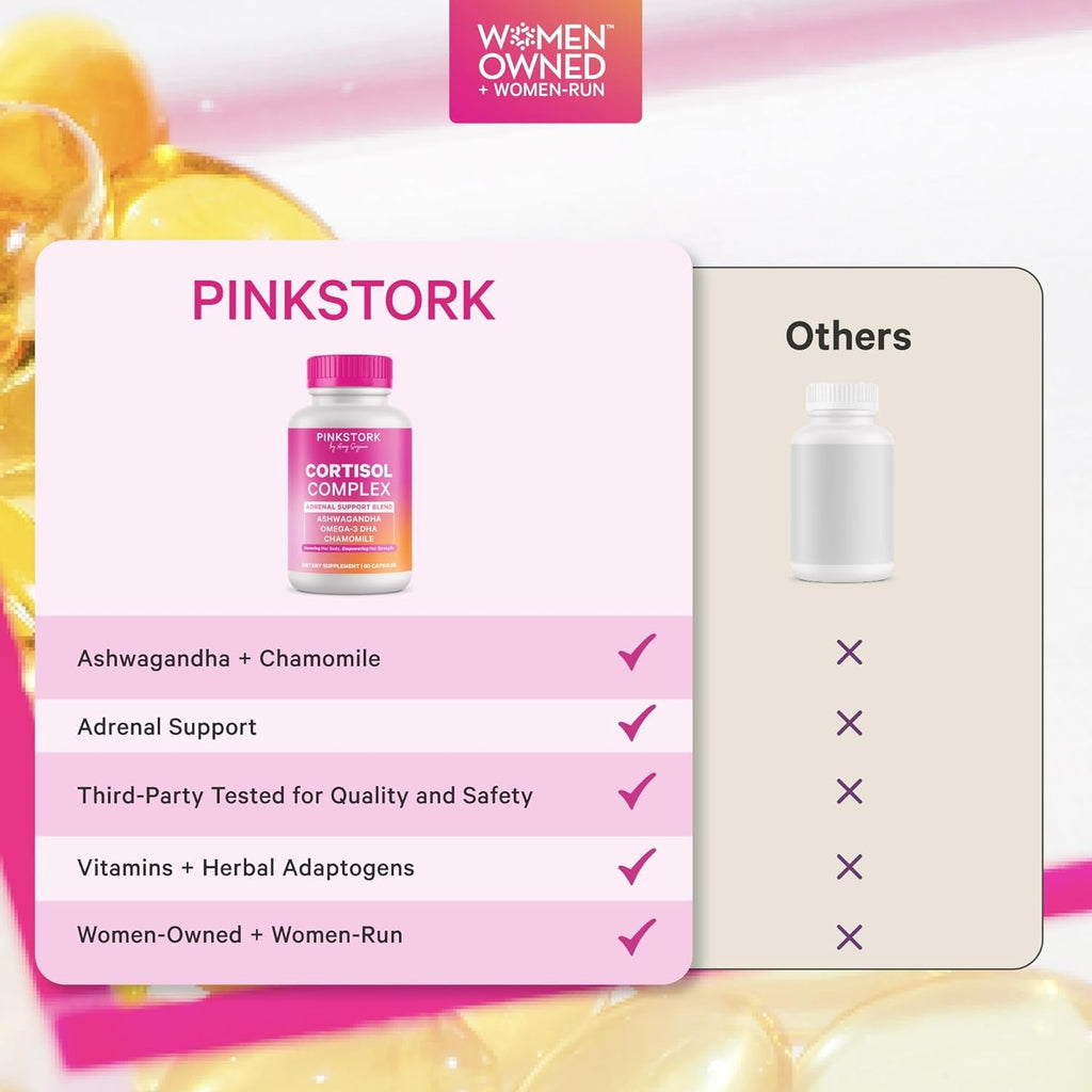 Pink Stork Cortisol Supplements for Women - Adaptogenic Adrenal Support & Stress Manager with Organic Ashwagandha, Omega 3, Saffron, Multivitamins - Mood & Hormone Balance - 60 Count