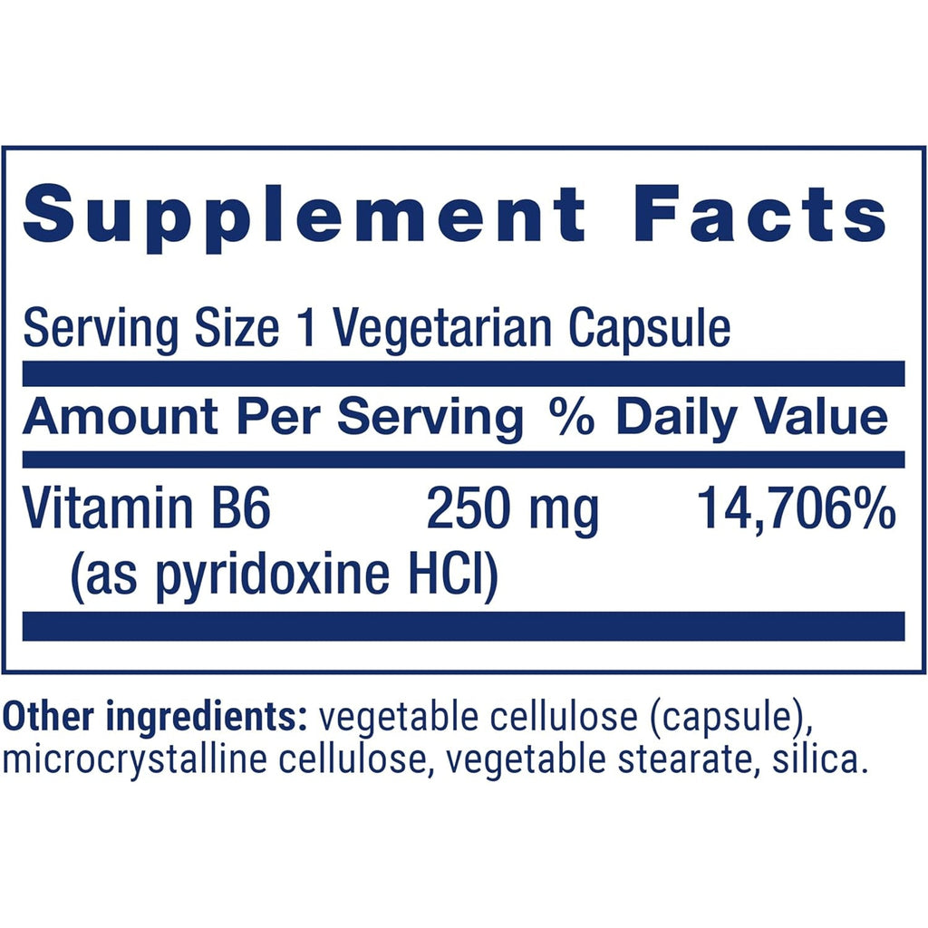 Life Extension Vitamin B6, 250 Mg, High Potency, Cardiovascular Health, Neurological Health, Eye Health, Healthy Kidney Function, Gluten-Free, Non-Gmo, Vegetarian, 100 Capsules