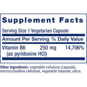 Life Extension Vitamin B6, 250 Mg, High Potency, Cardiovascular Health, Neurological Health, Eye Health, Healthy Kidney Function, Gluten-Free, Non-Gmo, Vegetarian, 100 Capsules