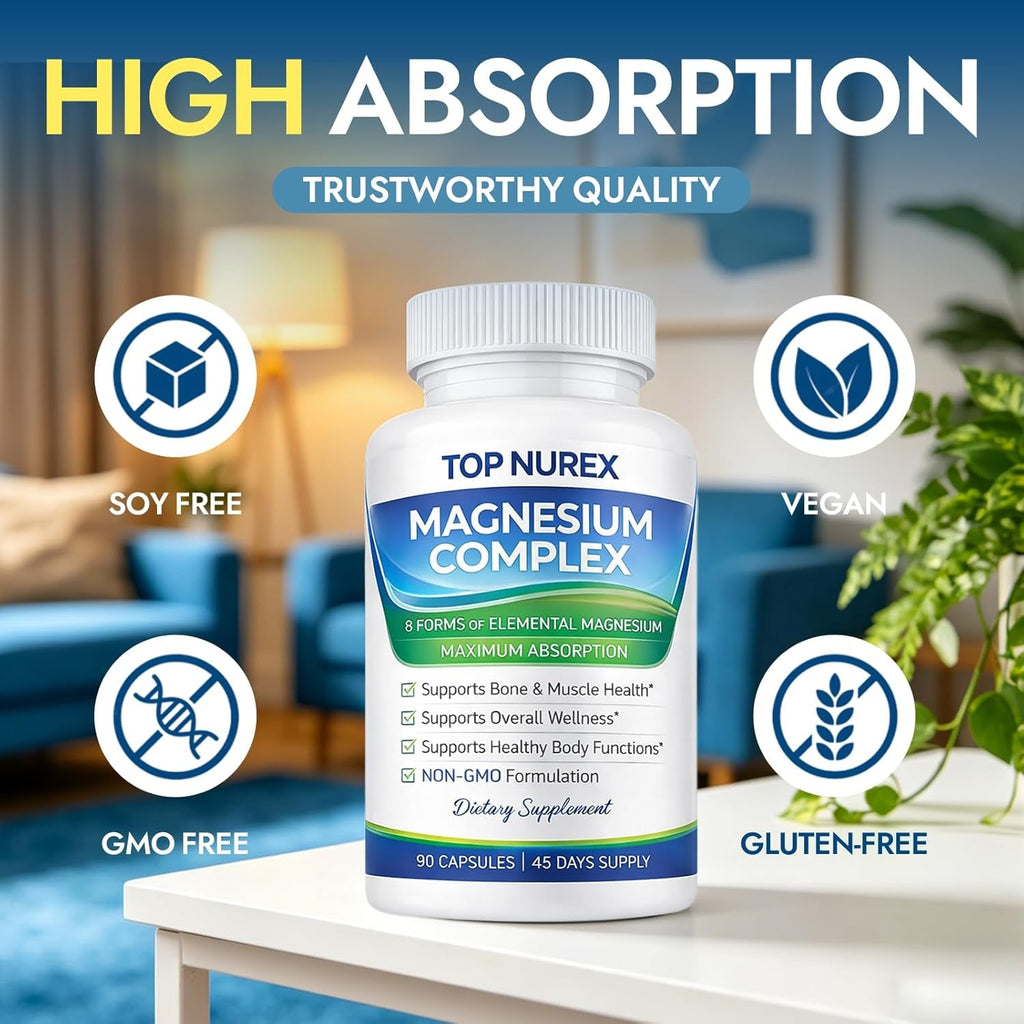 Magnesium Complex 1000 Mg, 8-Source Magnesium Blend with Glycinate, Citrate, Malate & Taurate, Vegan Formula, Non-Gmo, 90 Capsules