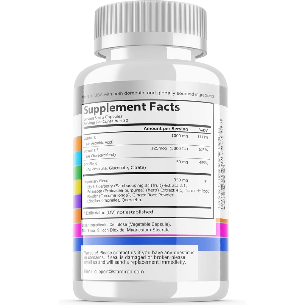 8 in 1 Immune Support with Quercetin Zinc 50Mg Vitamin C 1000Mg Vitamin D3 5000 IU and Elderberry Echinacea Ginger for Adults Kids - VIT D Supplement Veg Capsules