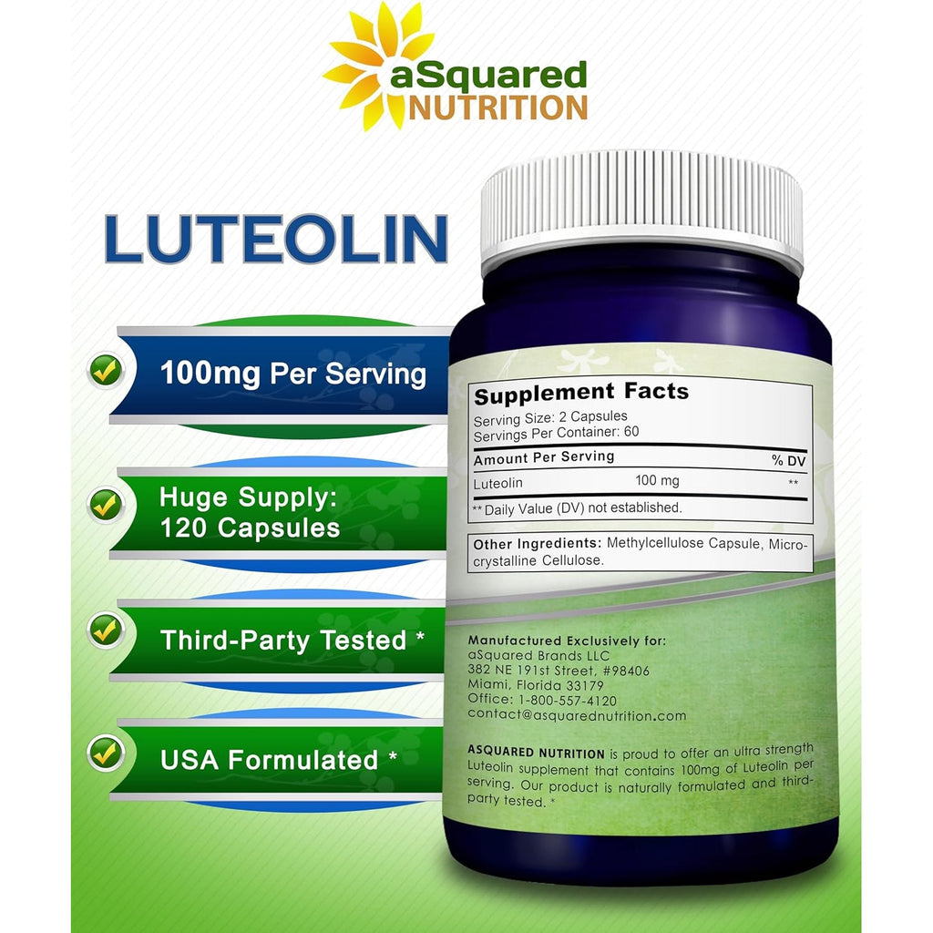 Luteolin 100Mg - 120 Capsules - Luteolin Supplement & Powder Complex Pills Commonly Taken with Quercetin - Supports Brain & Memory Health