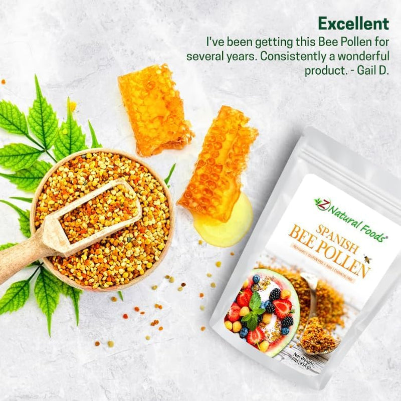 Z Natural Foods Spanish Bee Pollen Granules - Pure & Raw Pollen Granule, Product of Spain - Nutrient-Dense for Energy & Immune Support - Aromatic Sweet Flavor, Sprinkle on Salads & Smoothies, 1Lb