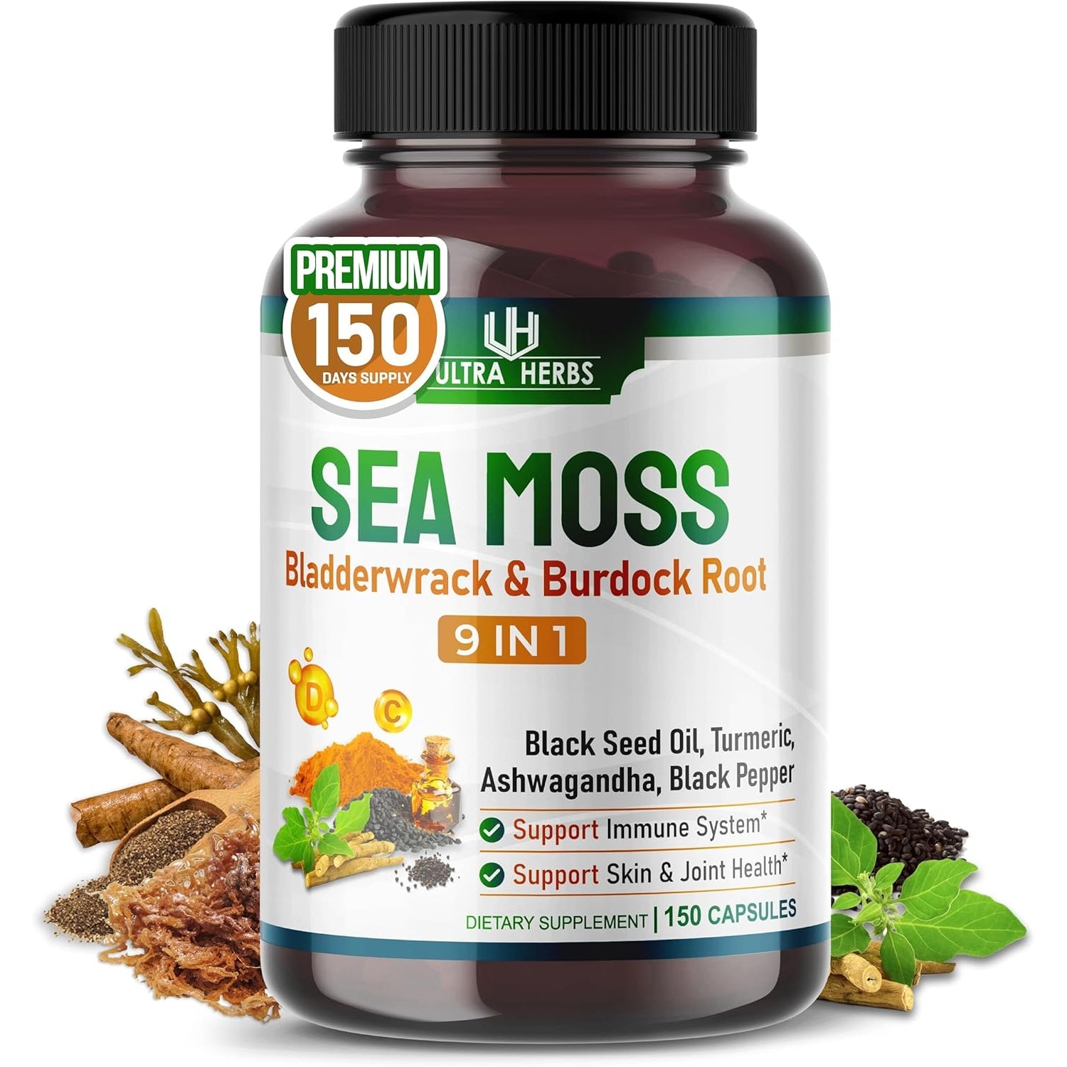 Organic Sea Moss Capsules with Black Seed Oil, Ashwagandha, Burdock Root, Bladderwrack for Immune System, Gut, Skin & Energy (150 Count (Pack of 1))