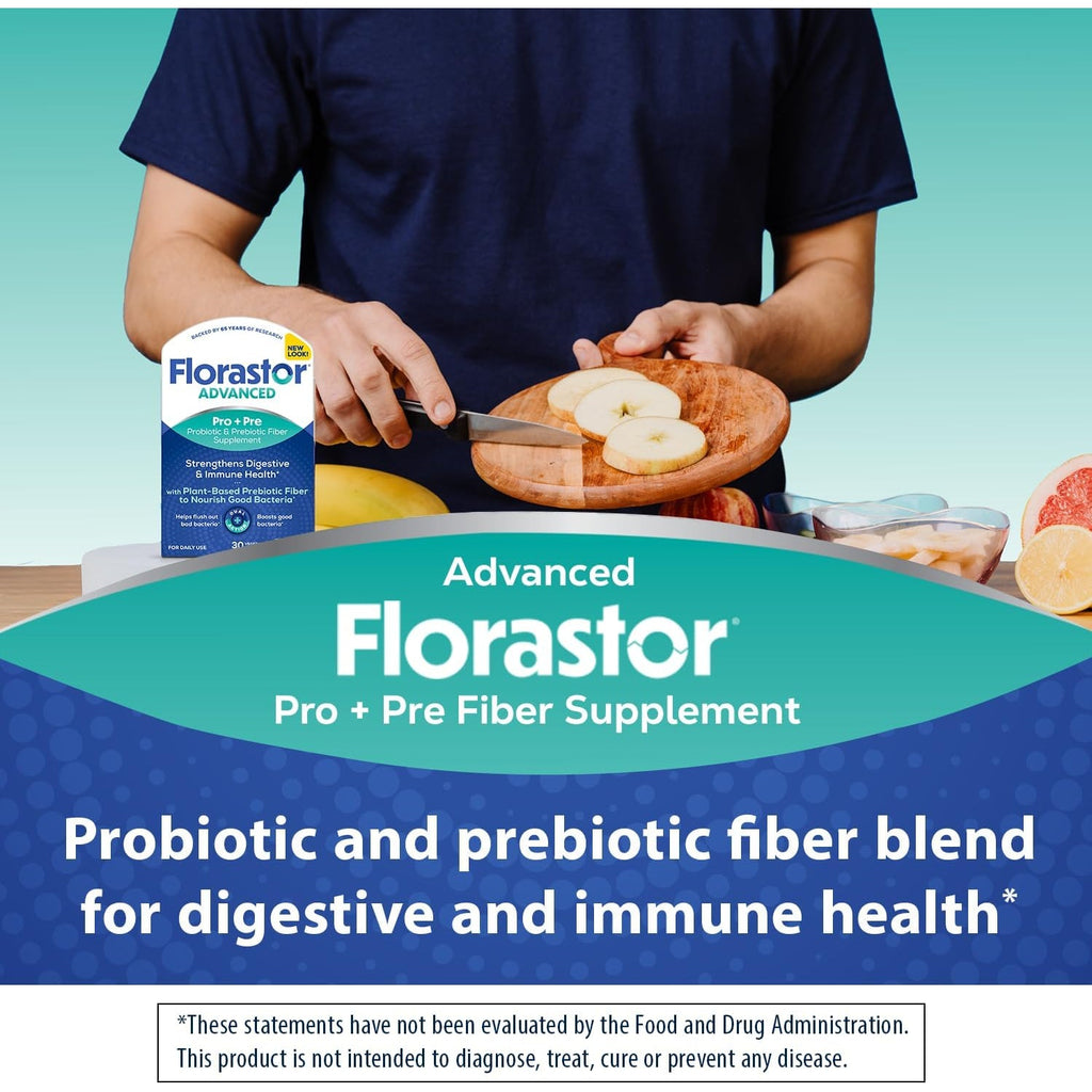 Florastor Advanced Pro+Pre Daily Probiotic and Prebiotic Supplement for Women and Men, Boosts Good Bacteria, Saccharomyces Boulardii CNCM I-745 (30 Capsules) (Pack of 1)