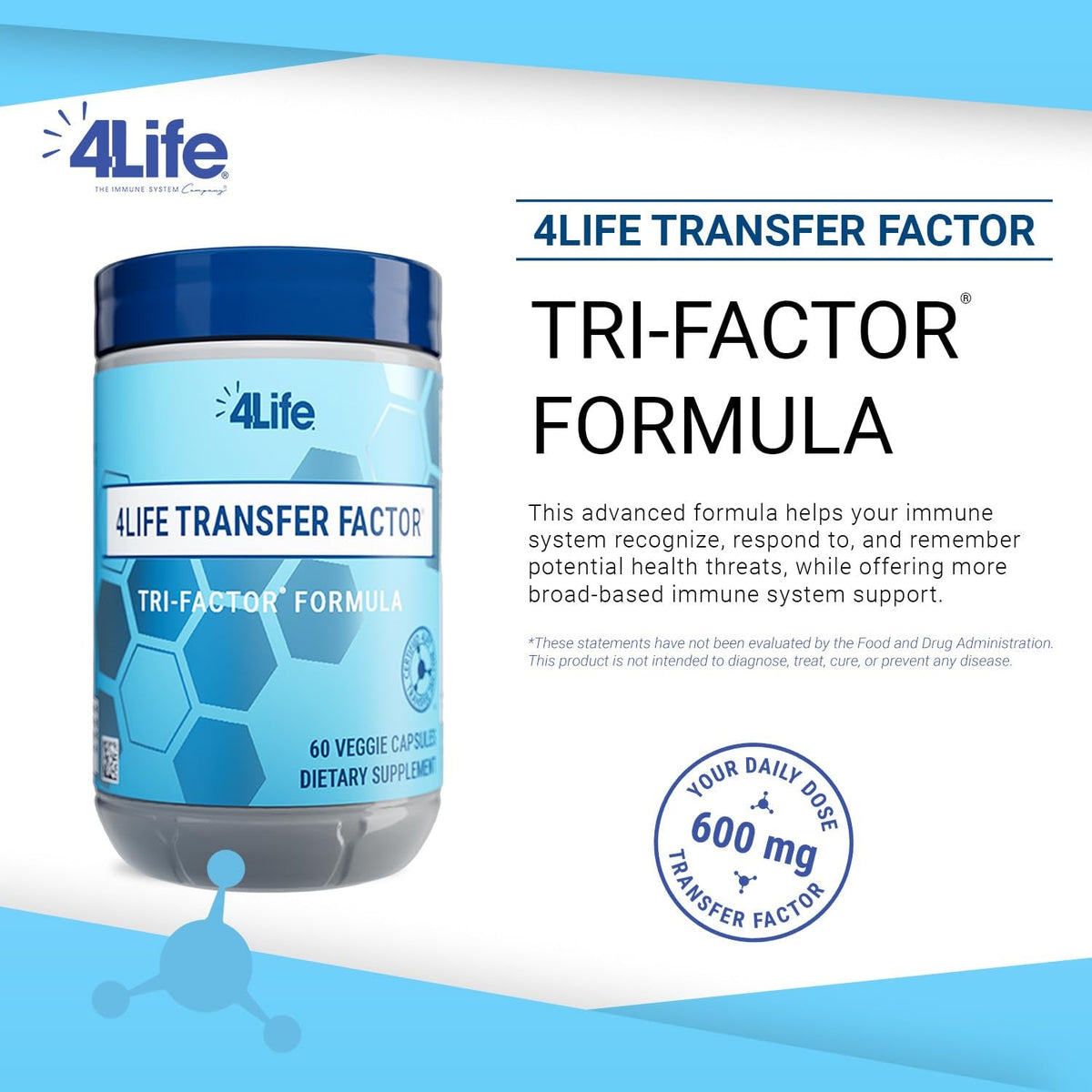 4Life Transfer Factor Tri-Factor Formula - Advanced Immune Support with Cow Colostrum & Chicken Egg Yolk - 60 Veggie Capsules