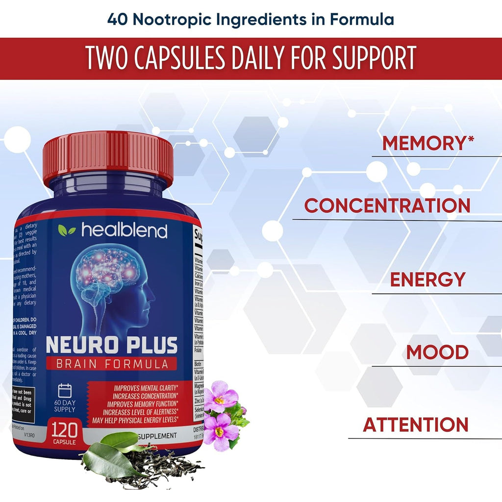 Neuro plus Brain & Focus Formula - Nootropic Brain Booster Supplement, Supports Brain Health, Mental Clarity & Focus - Enhances Concentration & Mental Energy – 120 Capsules (1)