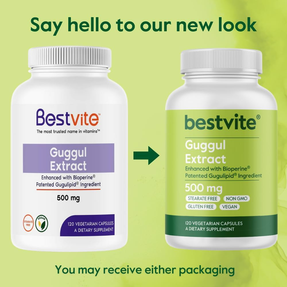 BESTVITE Guggul Extract 500Mg (120 Vegetarian Capsules) - Backed by Clinical Research, Patented and Standardized, Enhanced by Bioperine - No Fillers - No Stearates - Vegan - Non GMO - Gluten Free