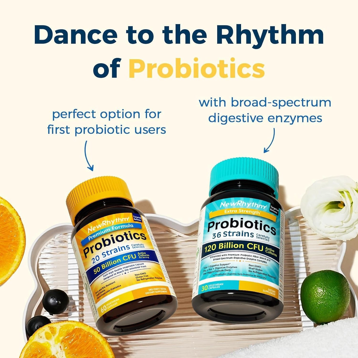 Newrhythm Probiotics 50 Billion CFU 20 Strains, 60 Veggie Capsules, Targeted Release Technology, Stomach Acid Resistant, No Need for Refrigeration, Non-Gmo, Gluten Free