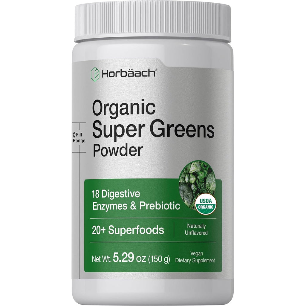 Horbäach Organic Greens Powder | 5.29 Oz Supplement | with 20+ Superfoods, 18 Digestive Enzymes, and Prebiotics | Relieves Occasional Gas, Discomfort & Bloating | Vegan, and Non-Gmo