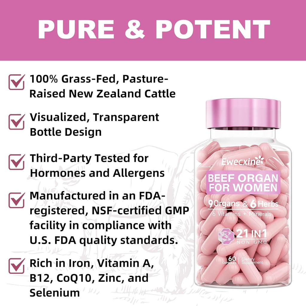 Beef Organ Supplement for Women | 9-Organ Formula with Herbal Support, Liver, Uterus, Ovary, Heart & Kidney for Feminine Balance & Energy | New Zealand Grass-Fed | 60 Capsules