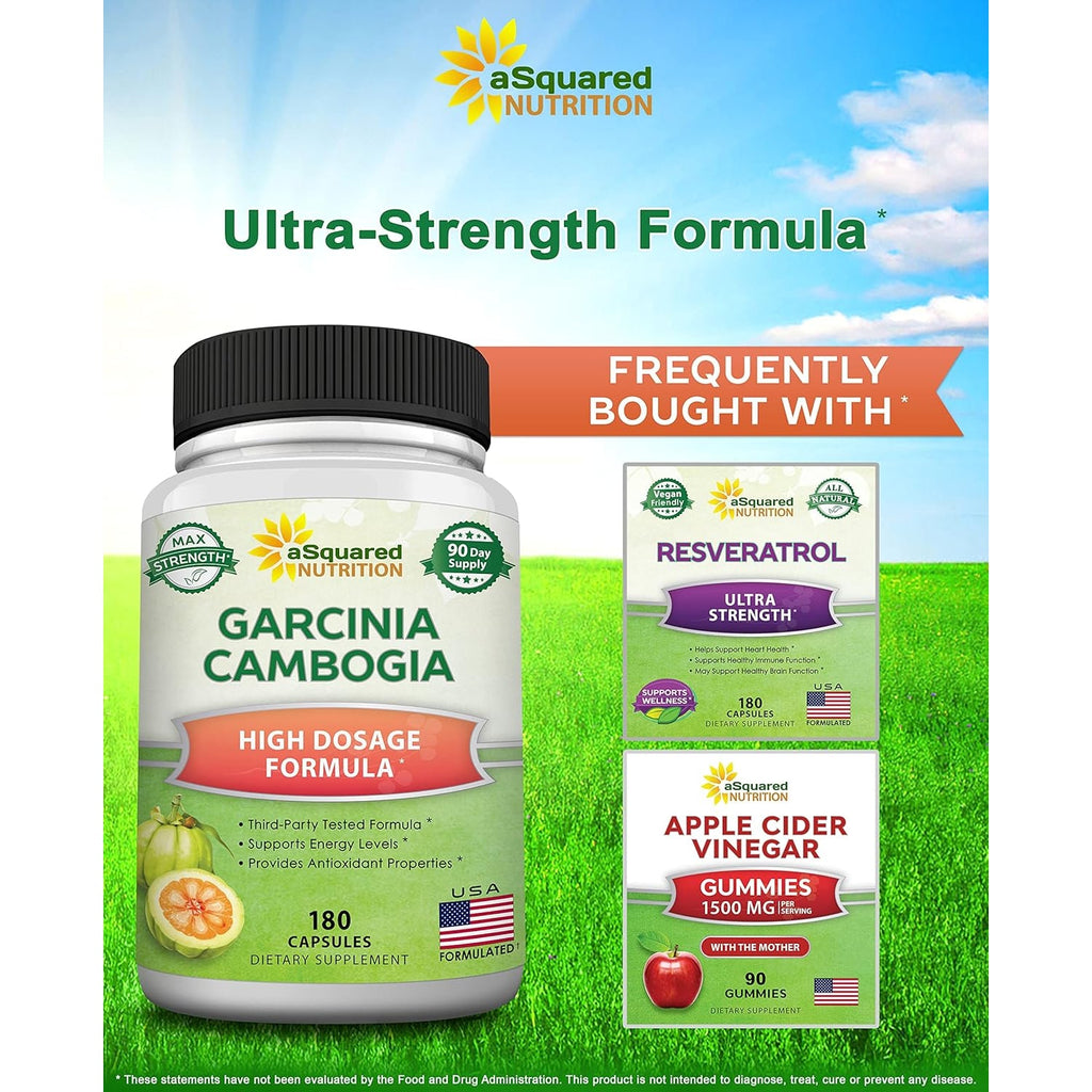 Asquared Nutrition Garcinia Cambogia 1600Mg-180 Capsules-Natural Pure Extract Pills for Brain Health- Standardized Ultra HCA & Garcinia Cambogia Supplement Alternative to Gummies, Drops, Tea & Powder