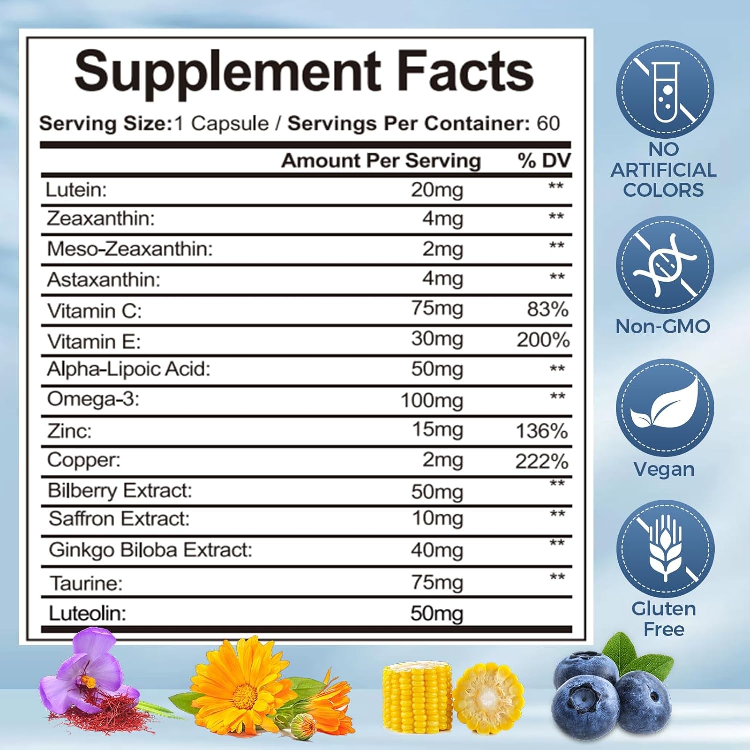 Visiovance 15 in 1 Advanced Eye Formula, Eye Vitamin and Mineral Supplement with Lutein, Zinc, Luteolin, Zeaxanthin & Bilberry Extract, 60 Count (1)