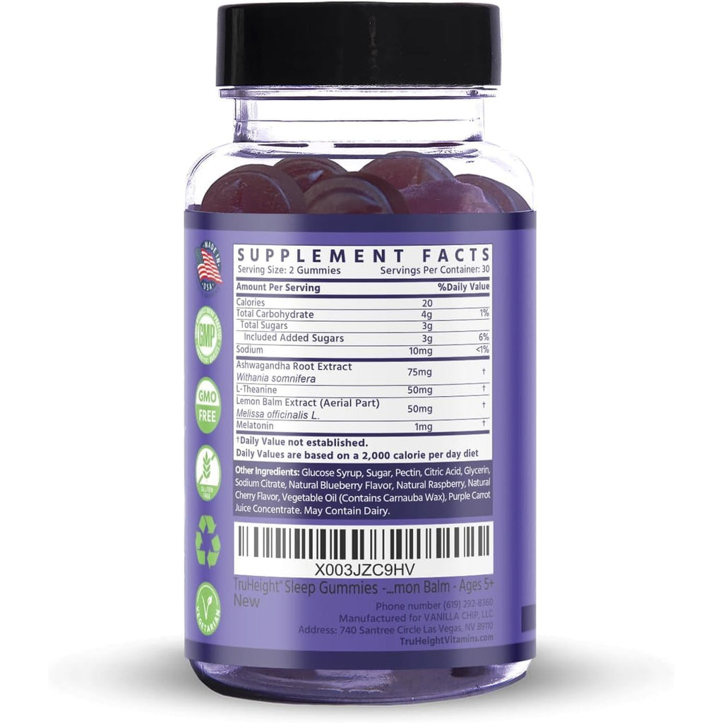 Truheight Sleep Gummies - Kids & Teen Natural Sleep Aid for Tall & Growing Bodies - Pediatric Recommended Growth - Melatonin Gummy, Ashwagandha, L-Theanine, Lemon Balm - Mixed Berry, Taller Ages 4+