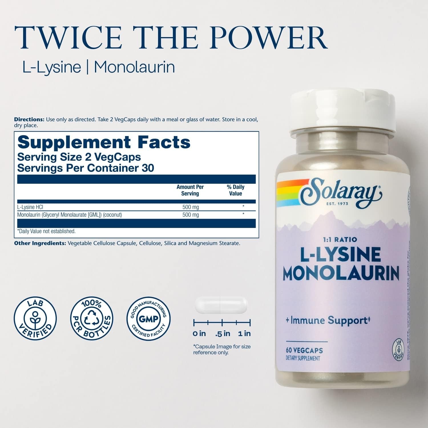 SOLARAY L-Lysine Monolaurin Immune Support Supplement, 1:1 Ratio for Immune System Function, 500 Mg Each, 60-Day Money Back Guarantee, 30 Servings, 60 Vegcaps