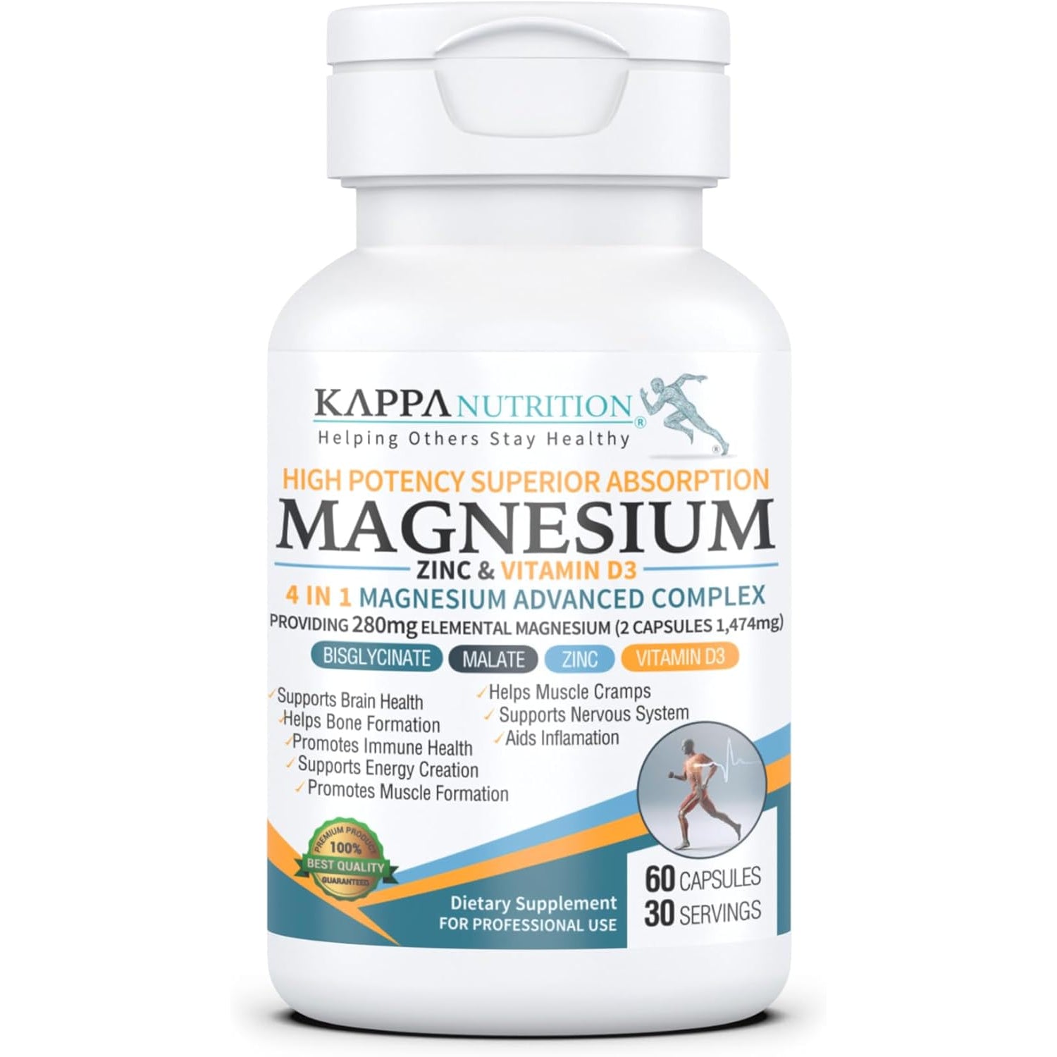 Kappa Nutrition Magnesium 4-In-1, 280Mg Elemental Magnesium (Bisglycinate, Malate) + Zinc & Vitamin D3, Brain, Sleep, Energy, Muscle, Immune Support, 60 Vegan Capsules.
