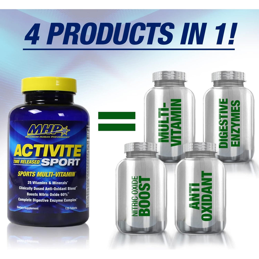 MHP Activite Sport Multi Vitamin, 25 Vitamins and Minerals, Nitric Oxide Booster, Digestive Enzymes, Antioxidants, 120 Tablets
