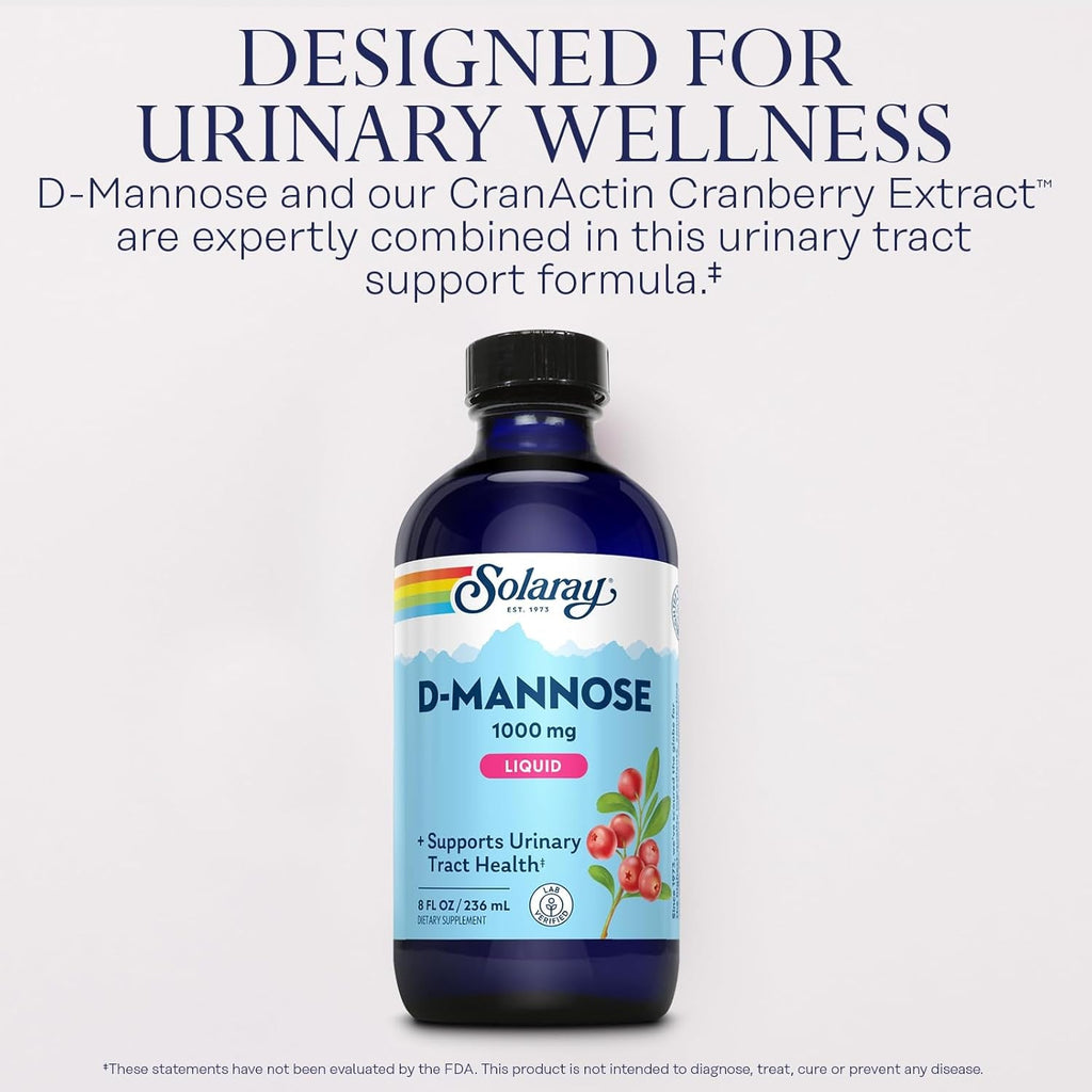 SOLARAY D-Mannose 1000 Mg Liquid Formula with Cranactin Cranberry Extract - D Mannose Cranberry Supplement for Women & Men, Urinary Tract & Bladder Health Support with Vitamin C - 8 Fl Oz