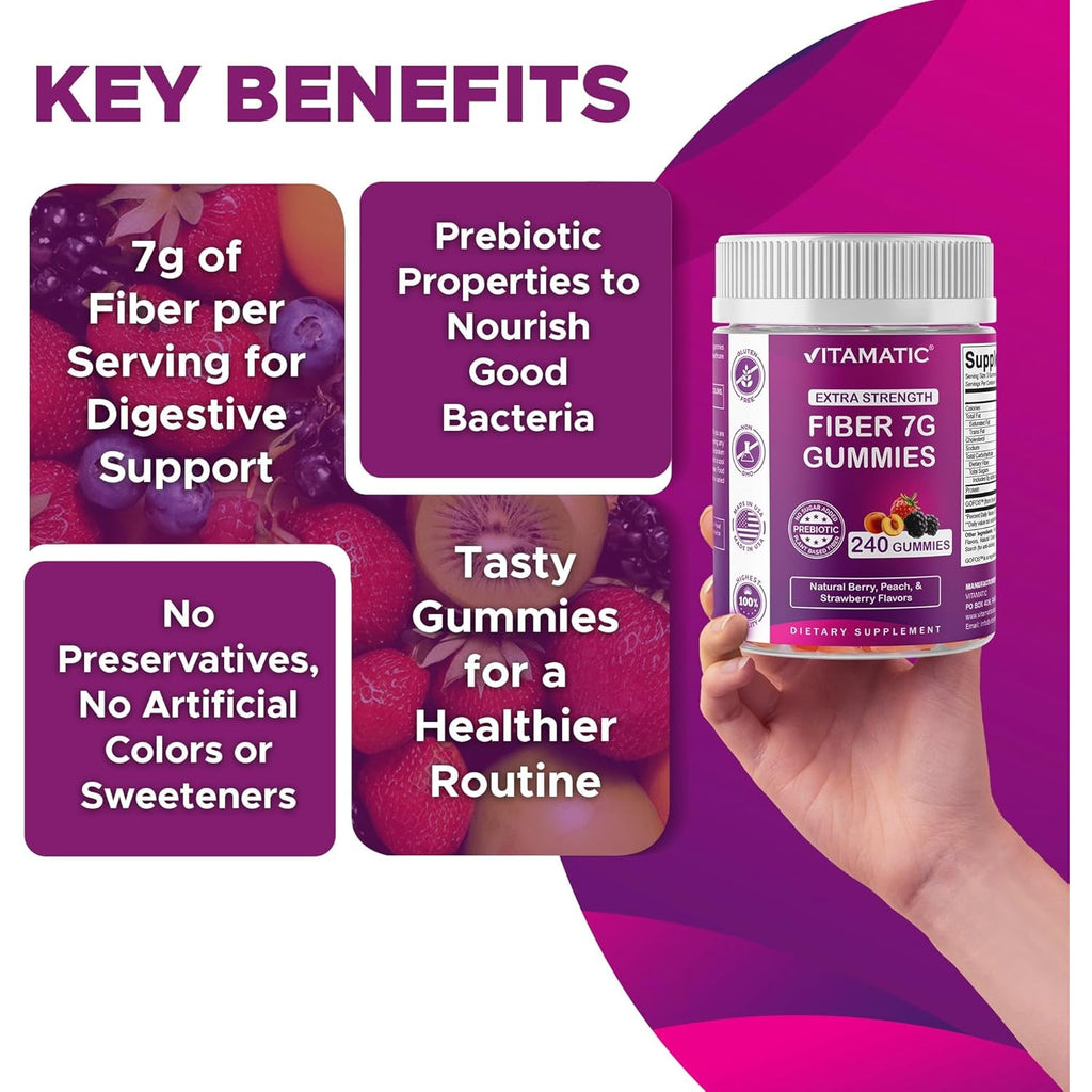 Vitamatic Prebiotic Fiber Gummies for Adults, 7G Extra Strength, Zero Sugar Added, 240 Pectin Based Gummies, Digestive Health & Regularity Support