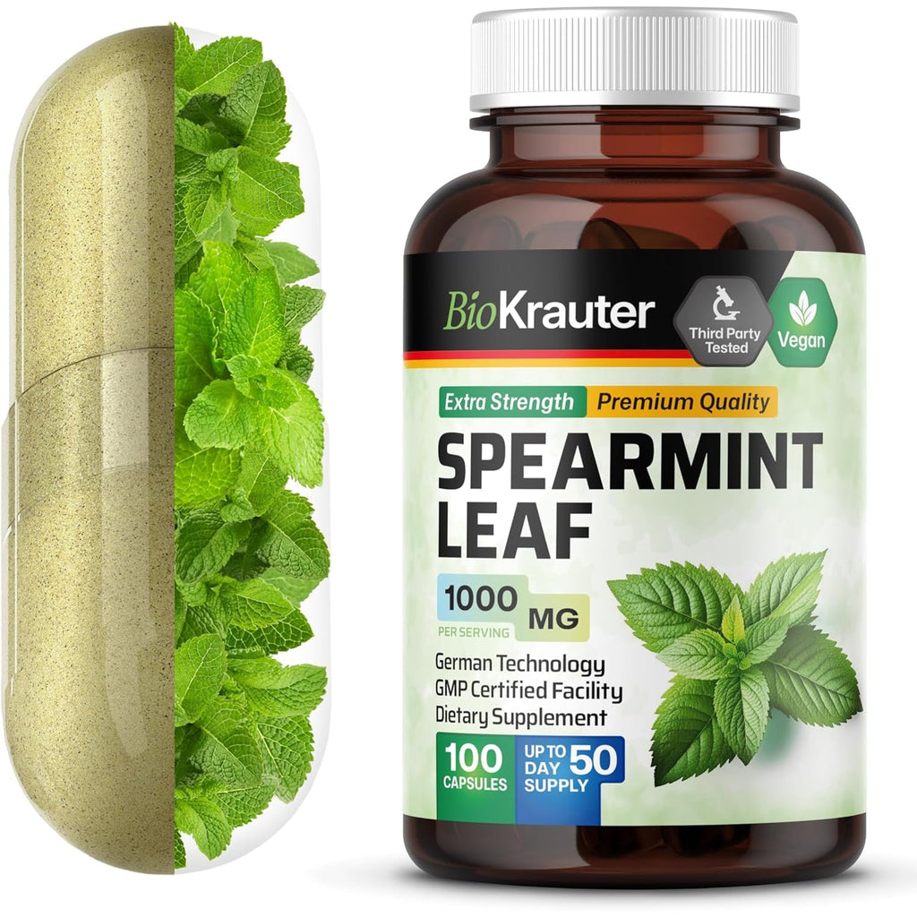 BIO KRAUTER® Spearmint Capsules for Skin Support - Vegan & Pure Spearmint Supplement 1000 Mg - Used for Women’S Wellness & Digestive Support - No Fillers, Non-Gmo - 50 Days of Supply, 100 Capsules