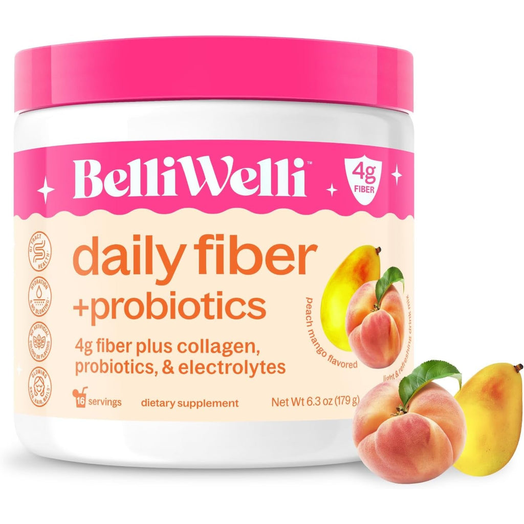 Belliwelli Fiber Supplement for Women & Men – Premium Daily Fiber Powder from Organic Acacia with Added Collagen, Electrolytes & Probiotics – No Bloat, Constipation & Gut Health Support (Peach Mango)