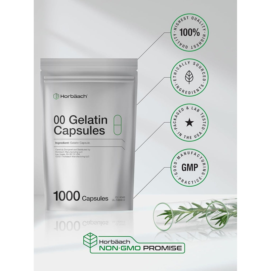 Empty Capsules Size 00 | 1000 Clear Gelatin Capsules | Resealable Bag | Non-Gmo, Gluten Free | by Horbaach