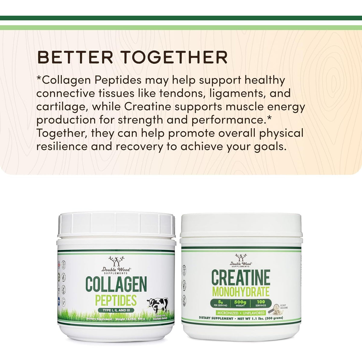 Collagen Peptides Powder - Hydrolyzed Collagen, Keto Safe - 16.08Oz - Multi Type 1, 2, and 3 (Grass Fed Bovine Source)(Colageno Hidrolizado) Collagen Supplements for Women and Men by Double Wood