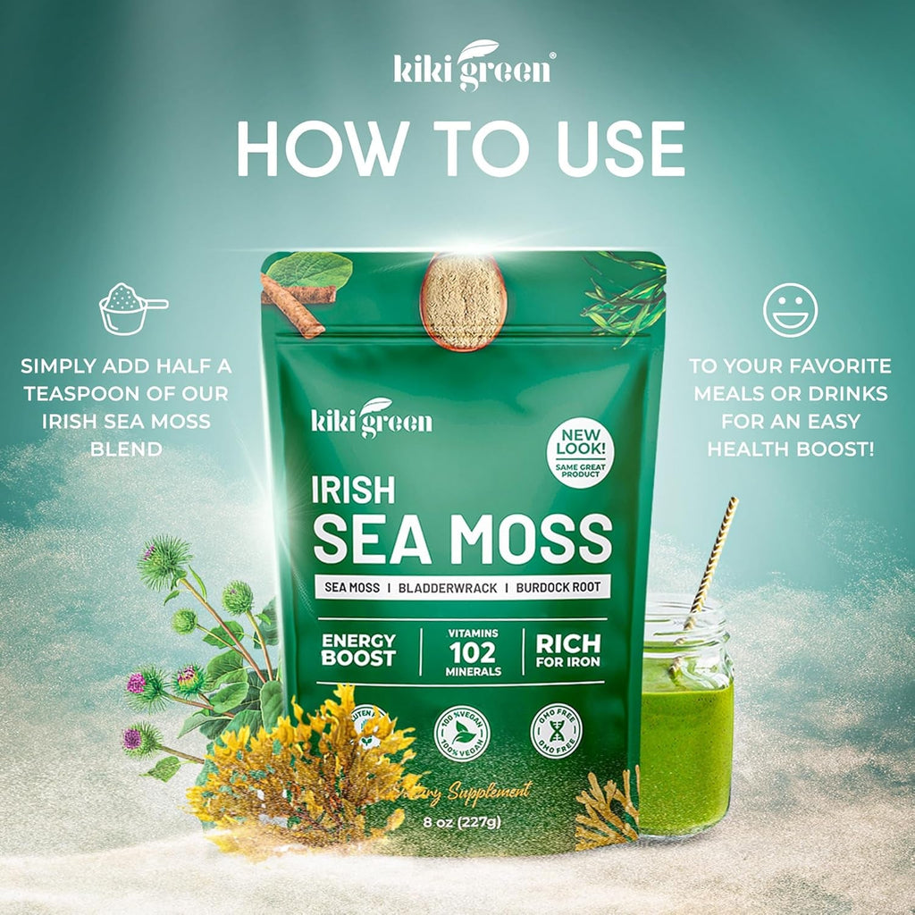 KIKI Green Irish Sea Moss Powder 8 Oz - with Bladderwrack Burdock Root Extract for Immune Support - Keto, Vegan Supplement