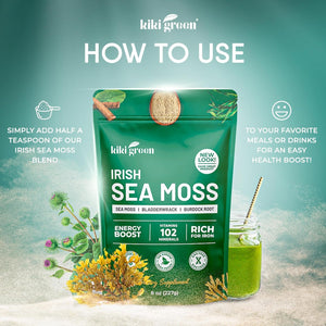 KIKI Green Irish Sea Moss Powder 8 Oz - with Bladderwrack Burdock Root Extract for Immune Support - Keto, Vegan Supplement