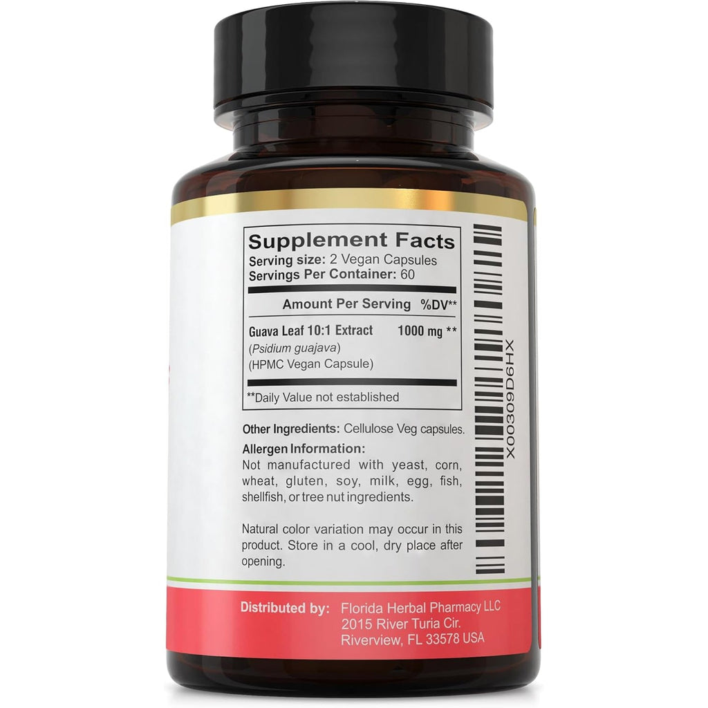 Florida Herbal Pharmacy, Guava Leaf Extract Supplement Capsules 10:1 (120 Capsules),Two Months Supply