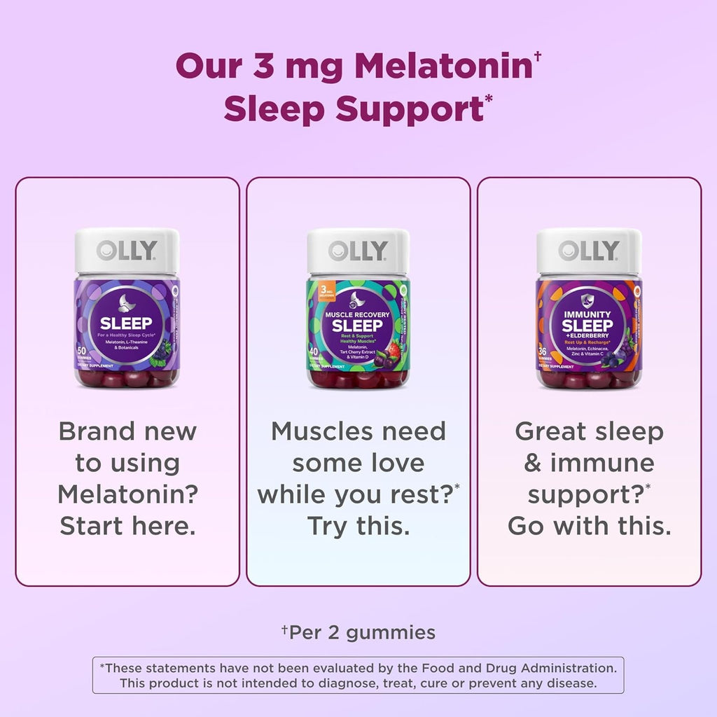 OLLY Muscle Recovery Sleep Gummies, Sleep and Healthy Muscle Support,* 3Mg Melatonin, Tart Cherry Extract, Vitamin D, Berry Rested Flavor, 20 Day Supply - 40 Count