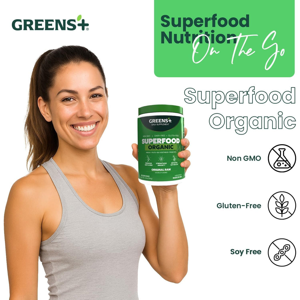 Greens+ Organic RAW Superfood Powder, Super Blend Immune Support, Morning Kick, Energy Boost, Nutrition Vibrant Health, Dietary Supplement, Vegan Soy/Dairy/Gluten Free(8.46Oz)