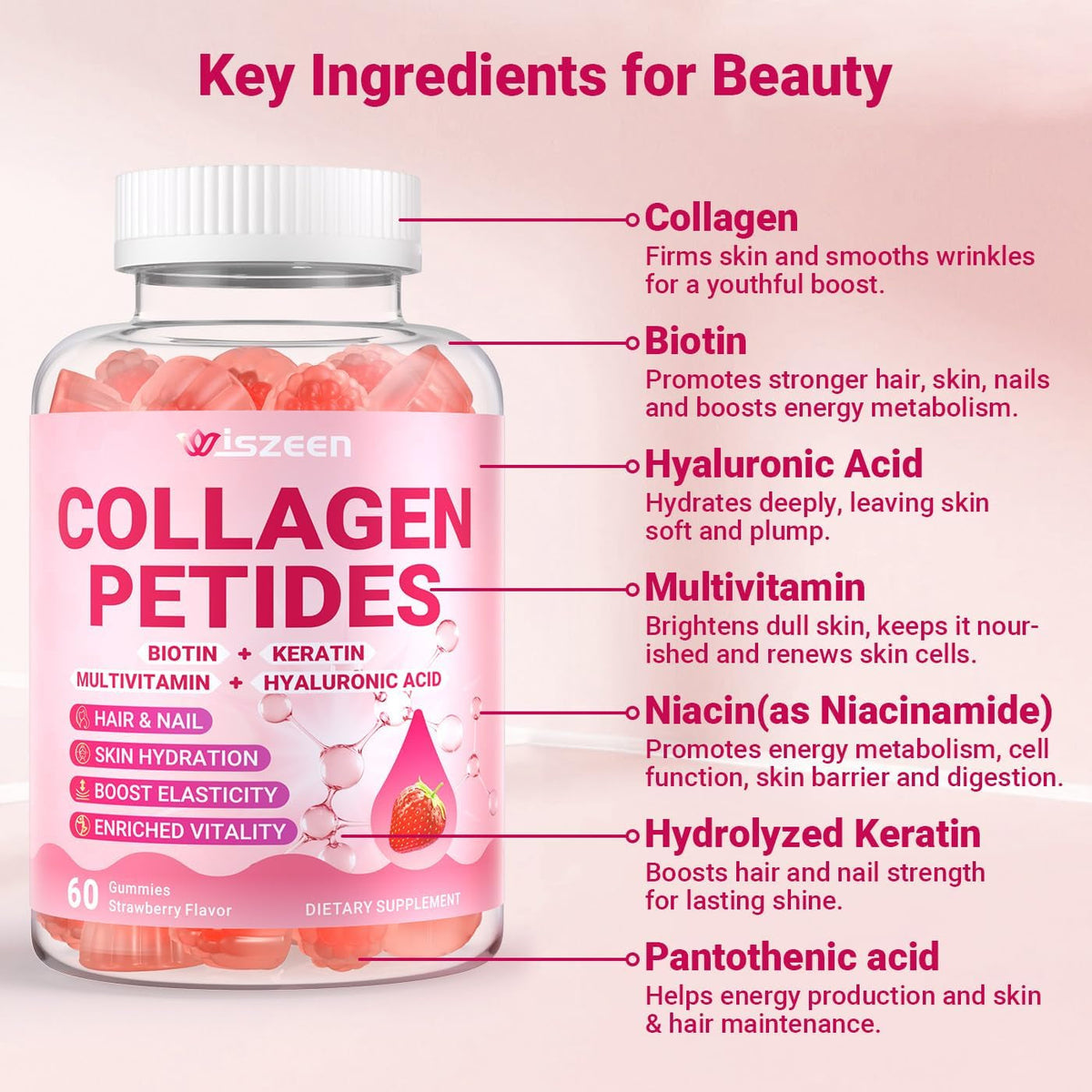 Collagen Gummies for Women, Sugar-Free Hydrolyzed Collagen Gummy with Type I, II, III, V, X Collagen Peptides, Biotin, Hyaluronic Acid & Multivitamins, Promote Skin/Hair/Nail/Bones, 120 Cts