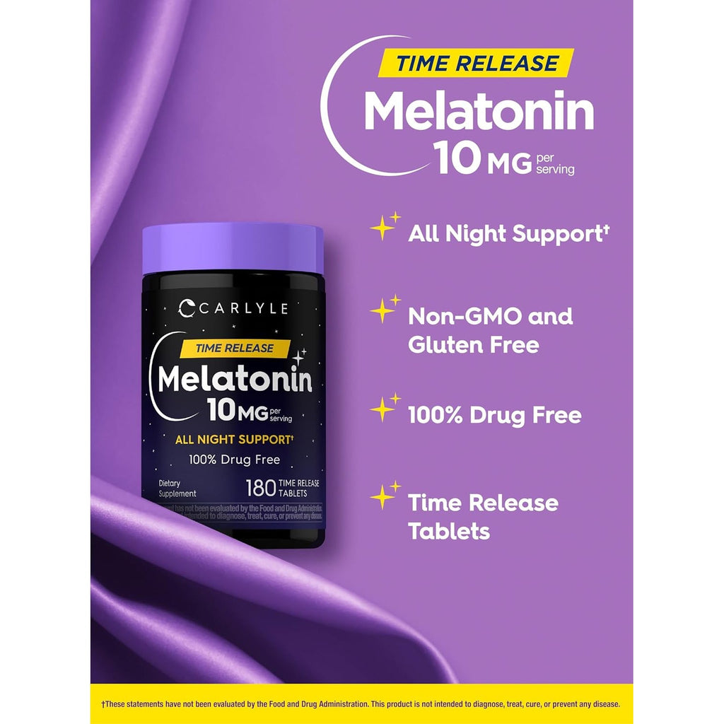 Carlyle Melatonin 10Mg | 180 Time Release Tablets | All Night Support | with Vitamin B6 | 100% Drug Free Supplement | Vegan, Non-Gmo, Gluten Free