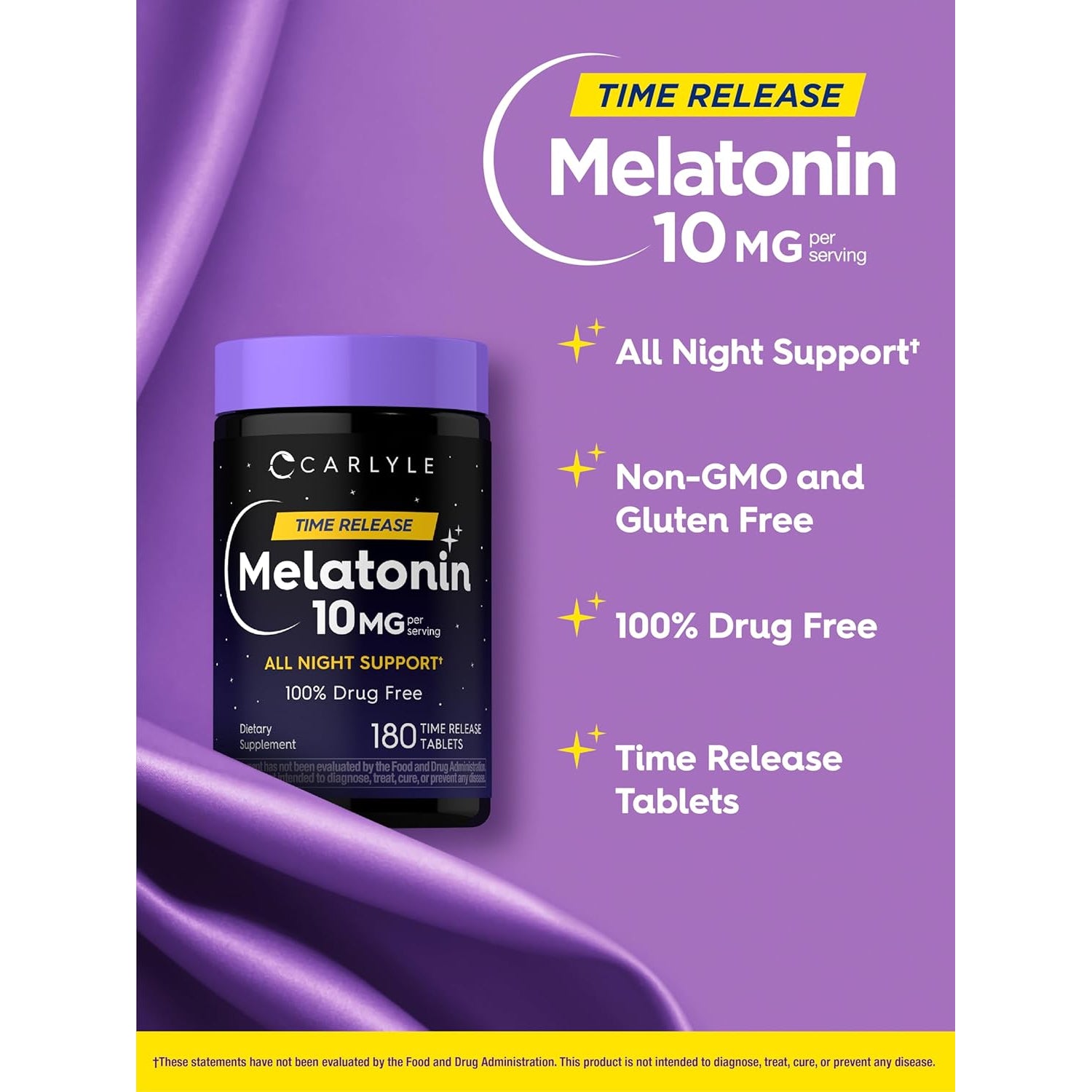 Carlyle Melatonin 10Mg | 180 Time Release Tablets | All Night Support | with Vitamin B6 | 100% Drug Free Supplement | Vegan, Non-Gmo, Gluten Free