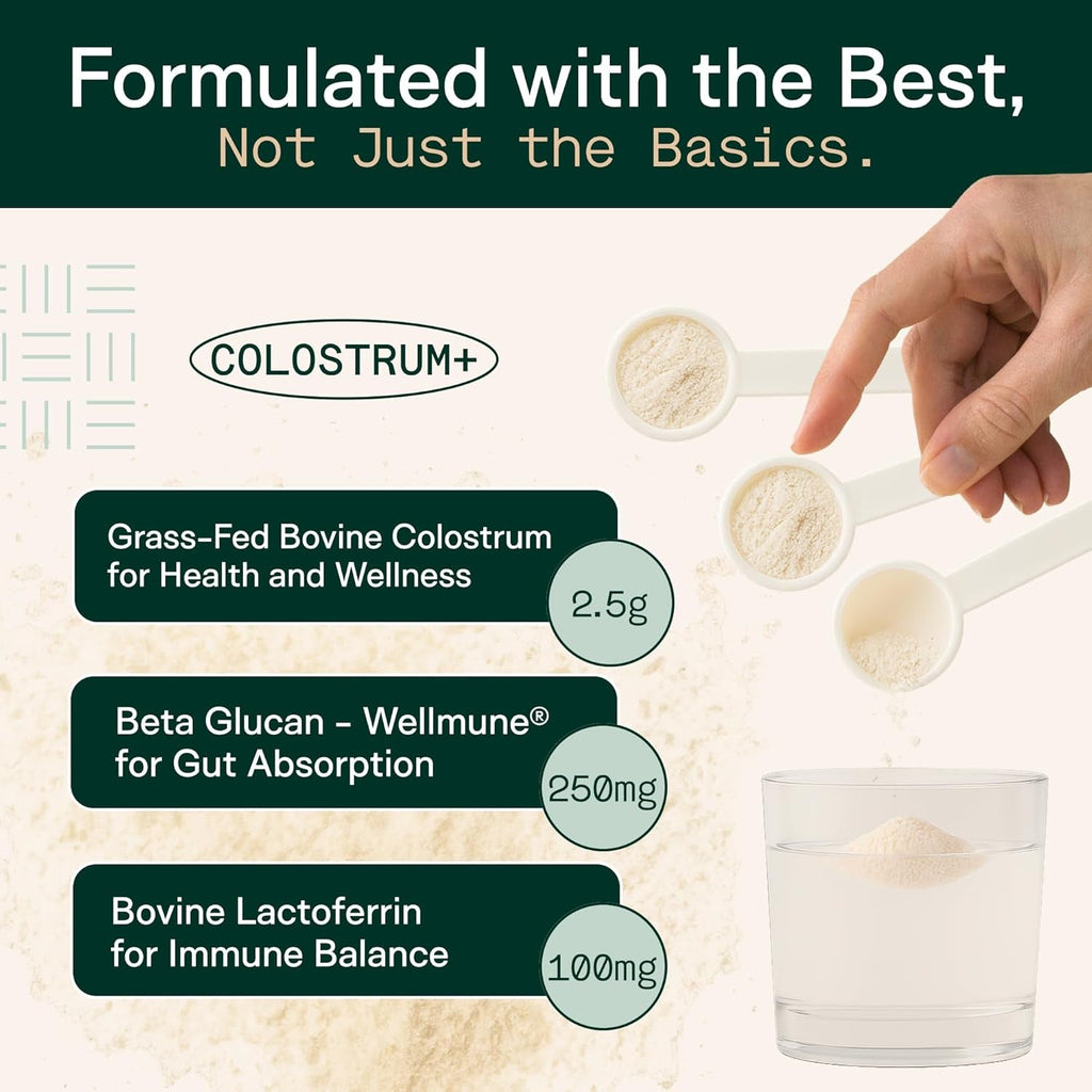 Adapt Naturals Colostrum Supplement with Lactoferrin & Beta-Glucan, Bio-Avail Grass Fed Bovine Colostrum Powder for Gut Health, Immune Support & Vitality | Non-Gmo, 2500Mg, Unflavored - 30 Days Supply