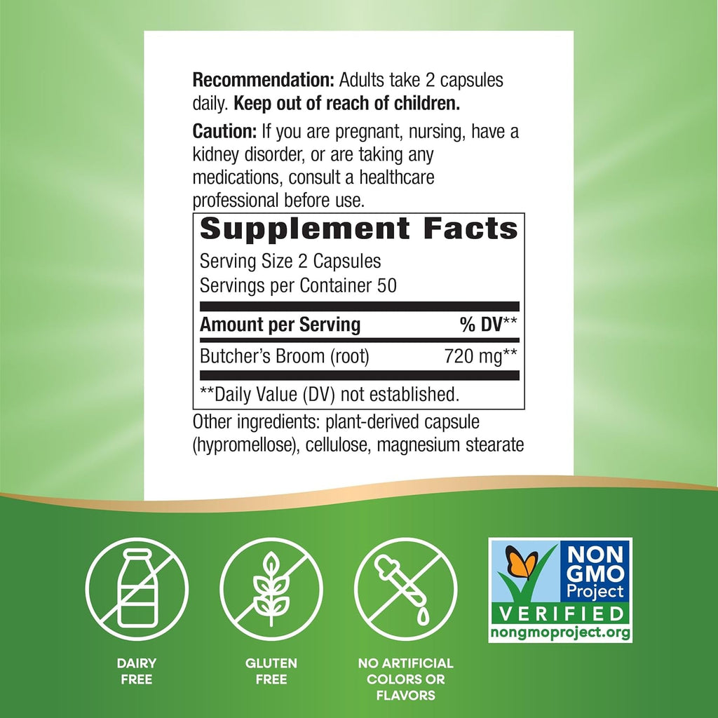 Nature'S Way Butcher’S Broom, Traditional Herb, 720 Mg per 2-Capsule Serving, Non-Gmo Project Verified, 100 Vegan Capsules (Packaging May Vary)